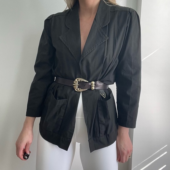 Black Collared Shirt Jacket Blazer Vintage Puff Sleeves Open Construction Medium - Picture 5 of 8